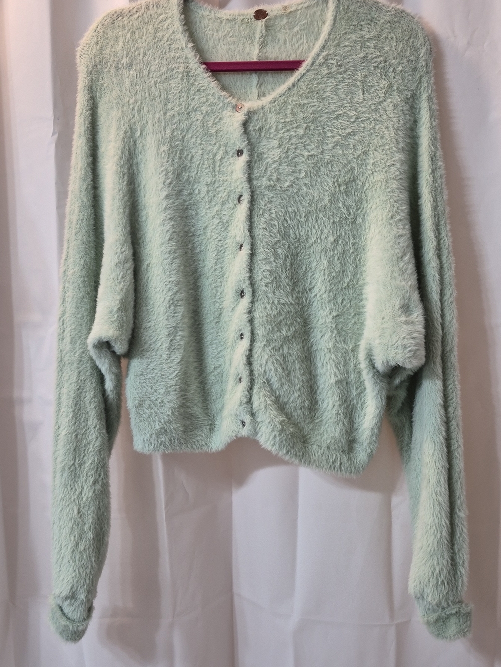 Free People Celeste Fuzzy Pointelle Knit Cardigan Light Green Sz M